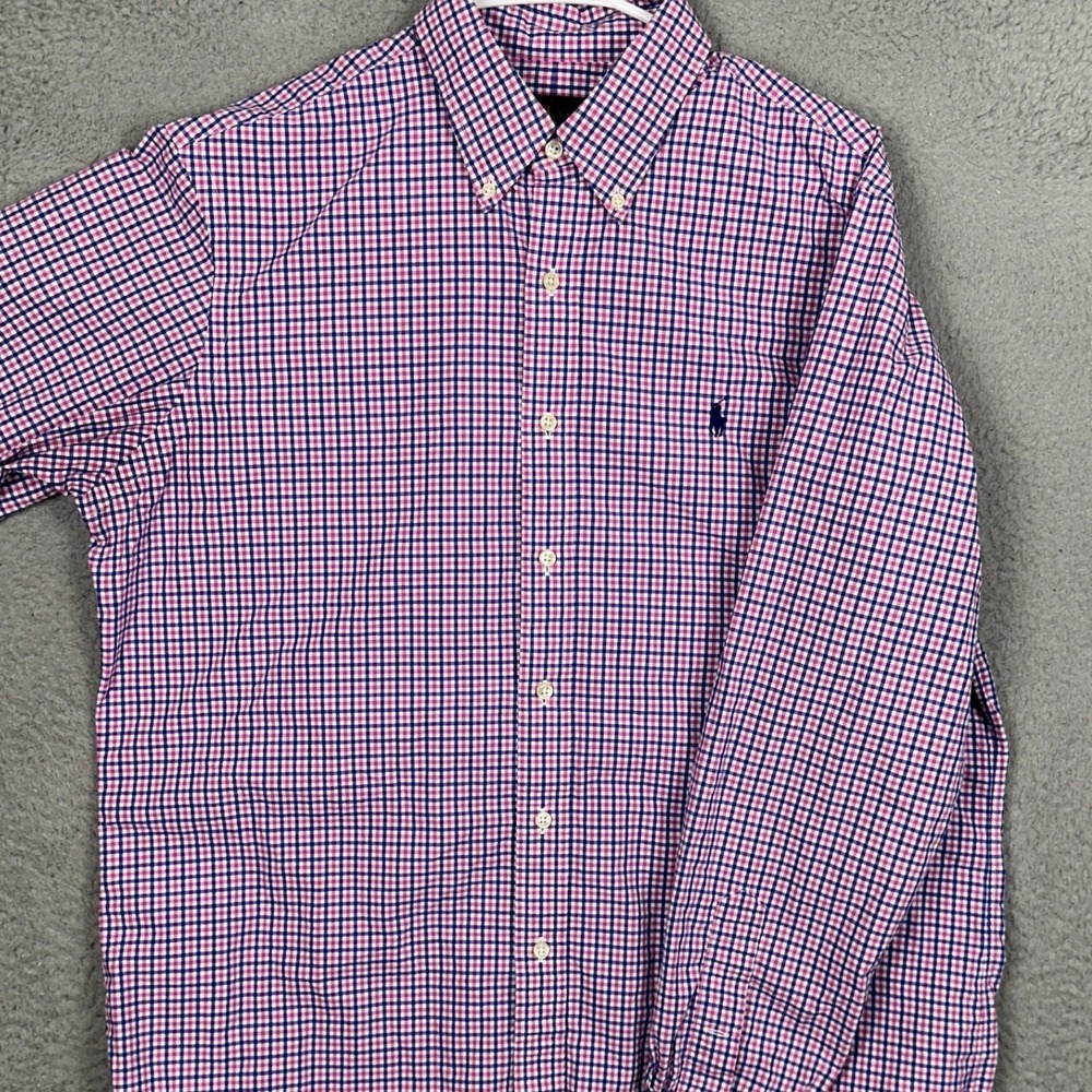 Ralph Lauren Shirt Men Large Classic Fit Pink Blue Check Button Down Long Sleeve